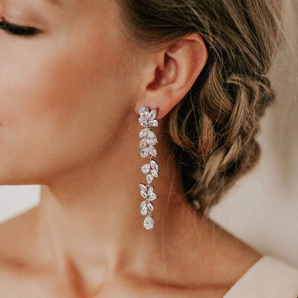 Bridal Drop Earrings Silver Cubic Zirconia Wedding Sparkle for Women - Picture 2 of 6